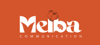 logo de Melba Communication reprenant les deux mots, en blanc, sur fond orange, surmonté d'une illustration de pêche