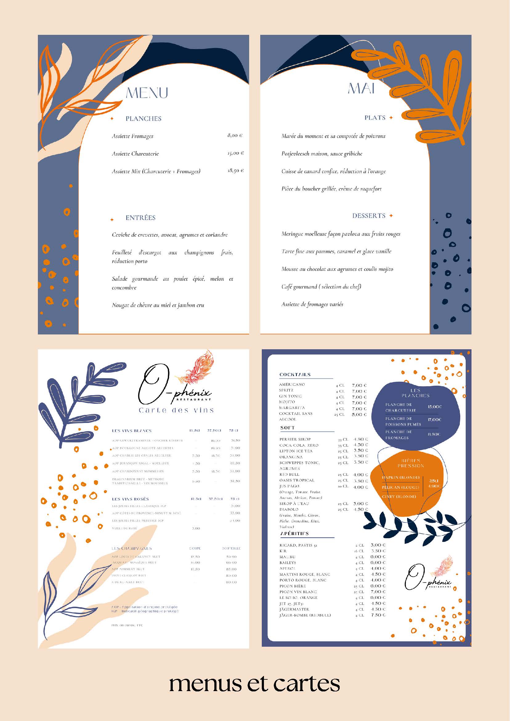 menus et carte des boissons et des vins