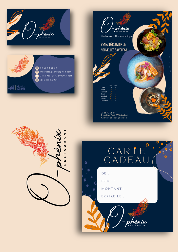 portfolio représentant le flyer promotionnel, la carte de visite, et la carte cadeau