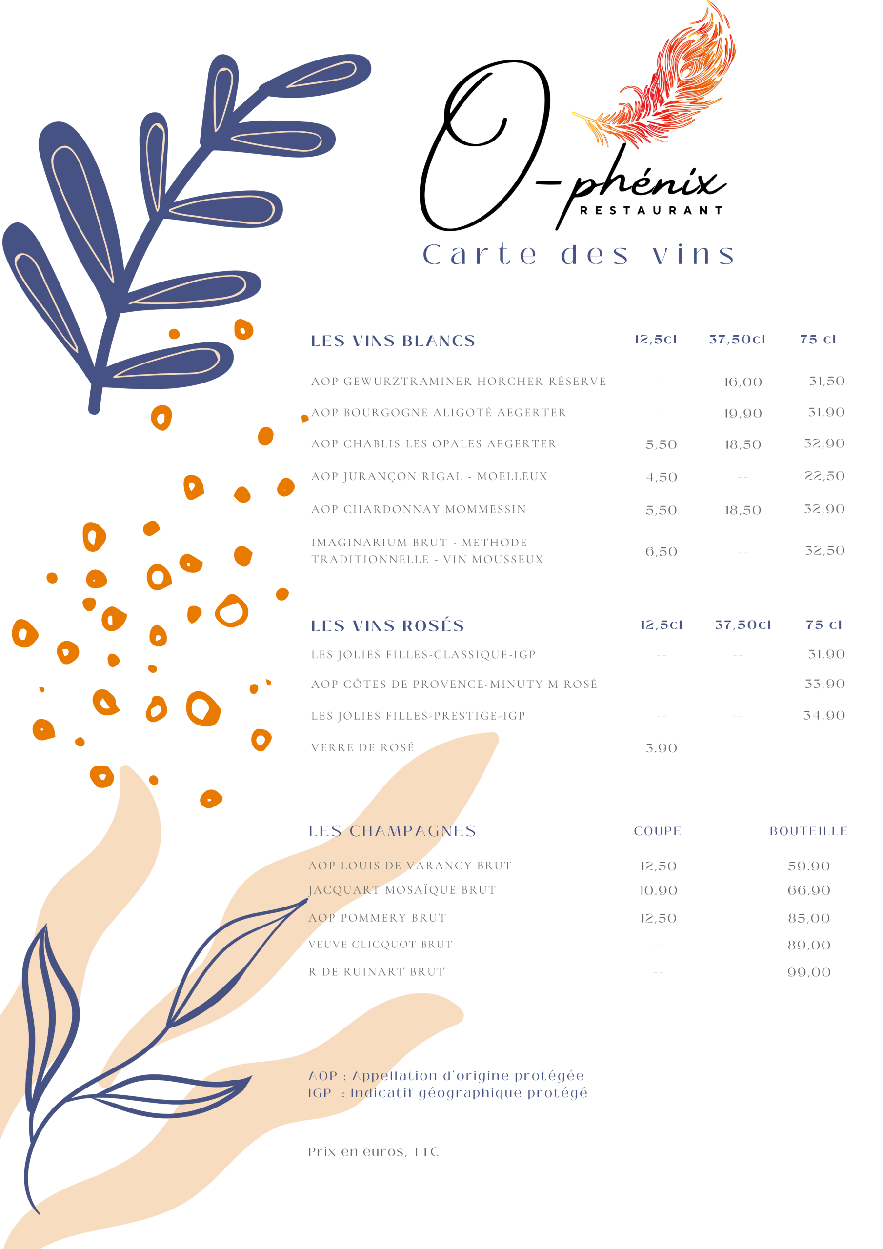 Carte des vins O-Phenix