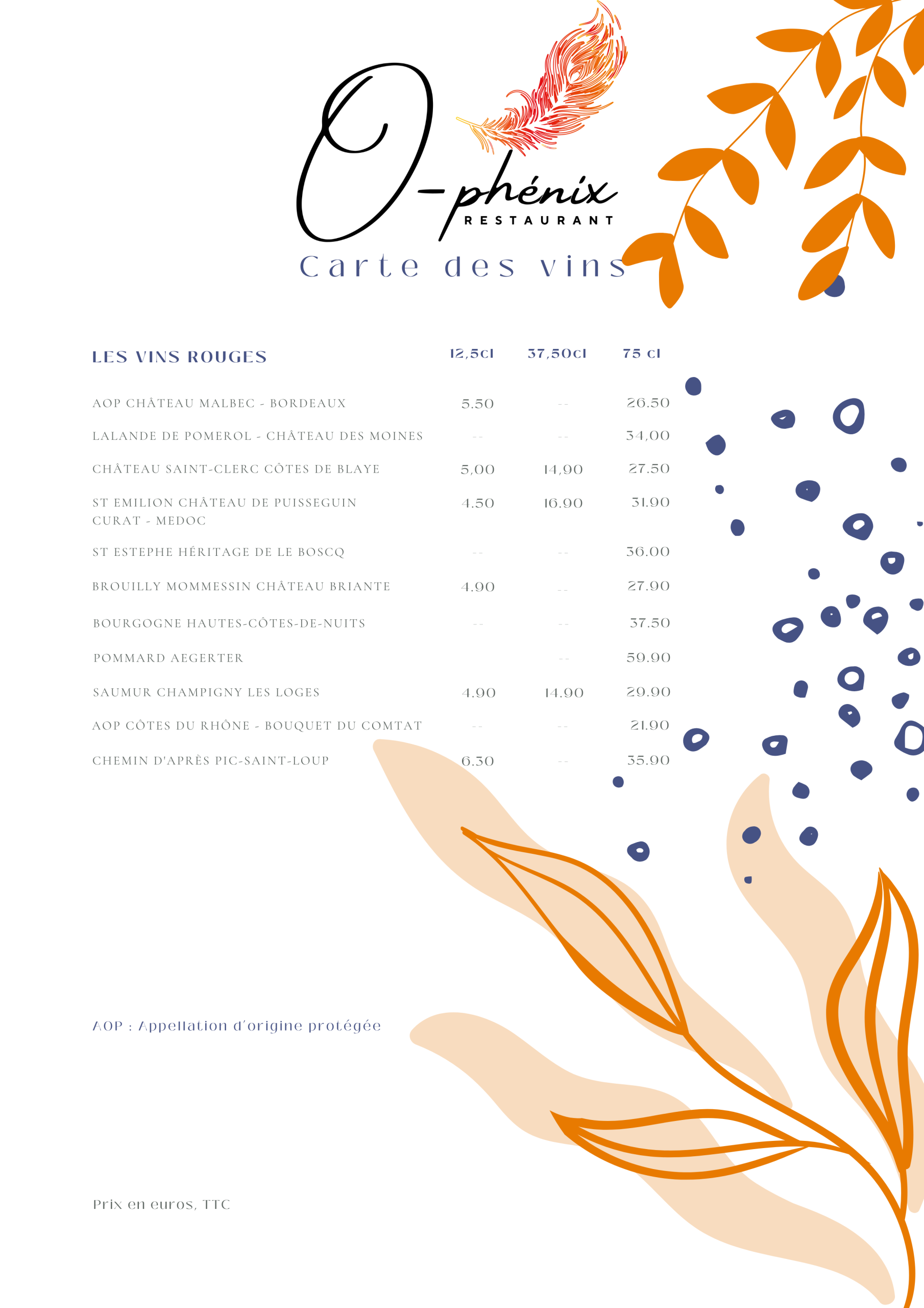 Carte des vins rouges O-Phenix