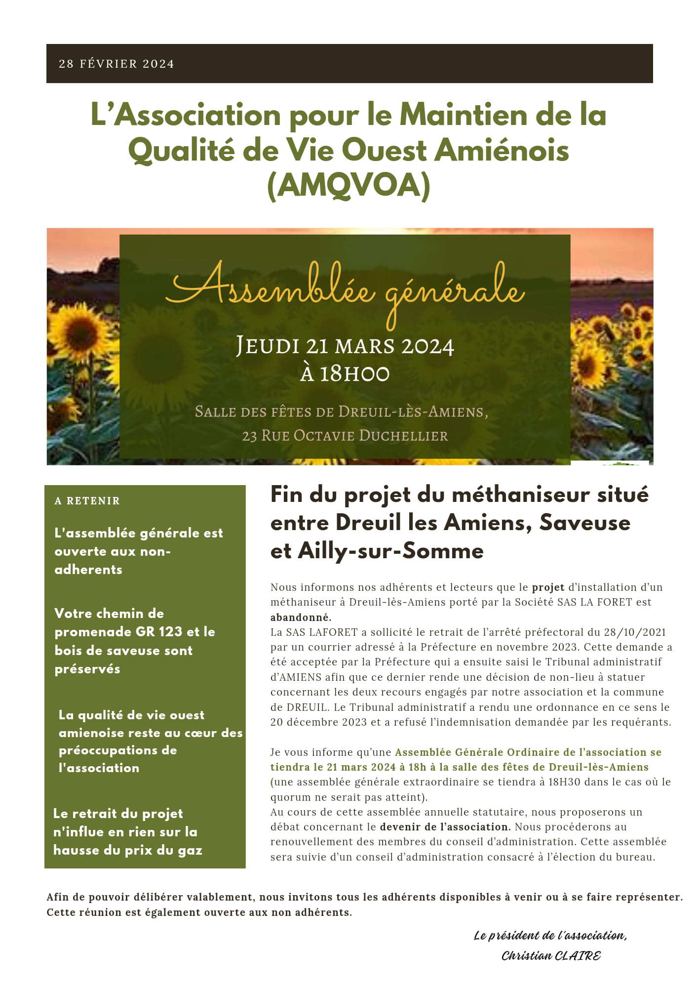 Newsletter de l'association pour le maintien de la qualité de vie Ouest Amienois